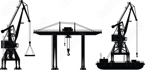Set of industrial harbor crane silhouettes including gantry and portal cranes for cargo shipping and port logistics isolated on white