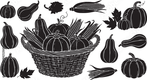 Black and white illustration of pumpkins and vegetables in basket
