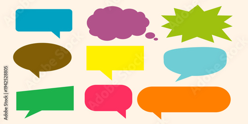 A simple design set of colorful message comment chat boxes. A collection of comic and social media speech bubbles, text boxes, and chat boxes. A vector set of comic and social media speech bubbles.