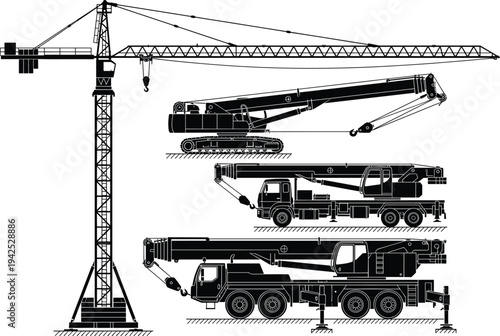 Construction crane silhouettes collection, tower crane and mobile crane trucks set, heavy lifting industrial machinery isolated, engineering equipment vector illustration