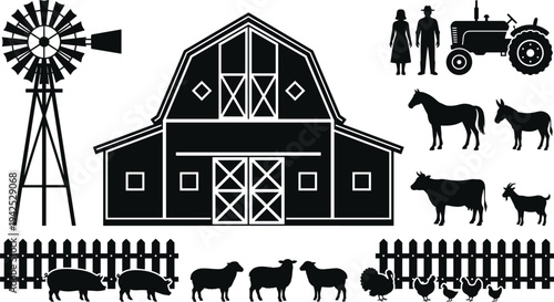 Farm agriculture silhouettes set, barn windmill tractor farmers and livestock animals collection, rural countryside farming icons isolated vector illustration