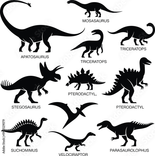 Dinosaur silhouettes collection, prehistoric reptiles including apatosaurus triceratops stegosaurus velociraptor and pterodactyl, ancient wildlife vector illustration set