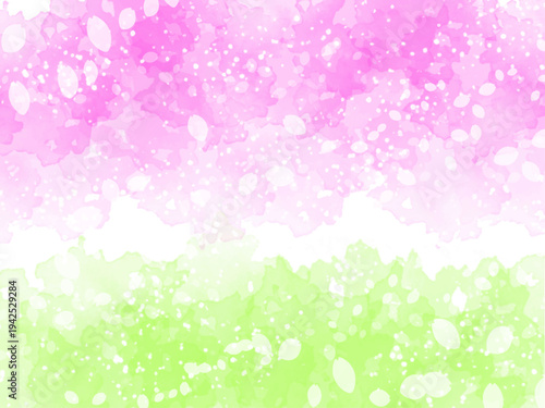 春の桜イメージのテクスチャー背景素材。満開の桜並木や桜吹雪と青空のイメージ。キラキラした光の粒子。あたたかく賑やかなやさしい春の雰囲気。緑の芝生と桜並木。