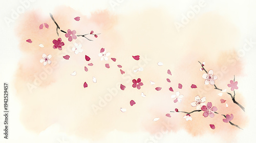 水彩 桜の花びら散る枝フレーム