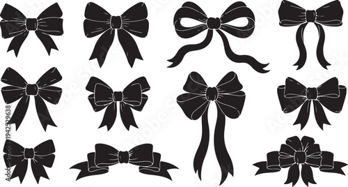 Collection of black bows on white background illustration set