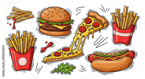 A vibrant cartoon illustration of various popular fast food items including a cheeseburger, pizza slices, french fries, and a hot dog.