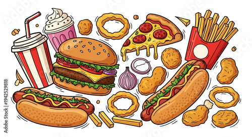 Assorted Fast Food Items on White Background.