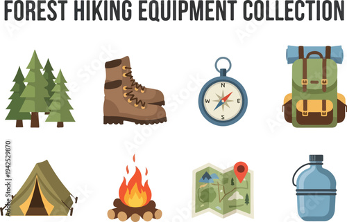 Forest hiking equipment collection featuring tents, boots, compass, backpack, campfire, map, and water bottle