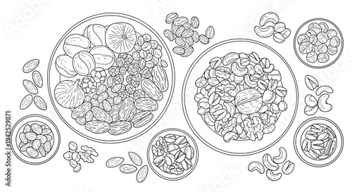 Detailed Line Drawing of Various Food Dishes.