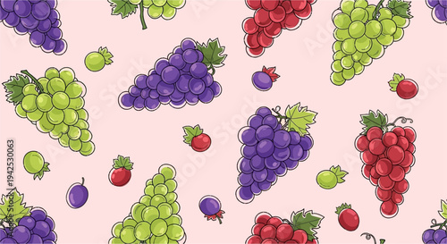 Colorful Illustration of Various Fruits and Grapes.