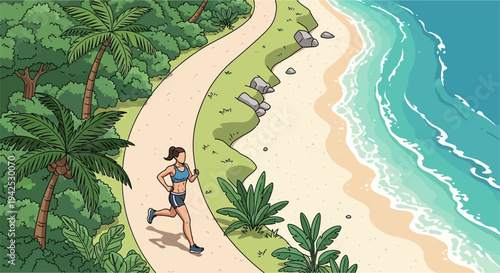 Woman Running Along Tropical Beach Path.