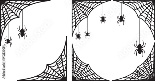 Spiders Hanging from Cobwebs on White Background Illustration Set