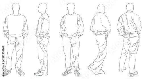 Everyday human poses line art vector illustrations