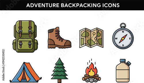 Collection of adventure and backpacking flat design icons for outdoor activities like camping and hiking