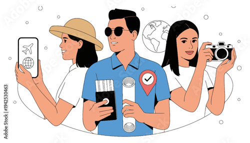 Joyful travelers planning their next adventure with technology and classic tools