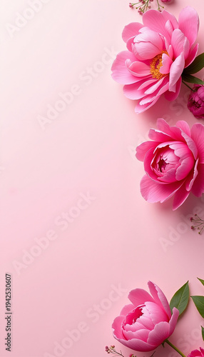 Elegant pink flowers on pastel pink background showcasing vibrant peonies and delicate blossoms. Floral arrangement includes lush petals and green leaves in harmony with soft backdrop.