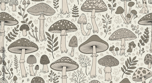 Detailed seamless pattern of various types of wild mushrooms and forest plants illustrated in sepia tones over a light cream background.