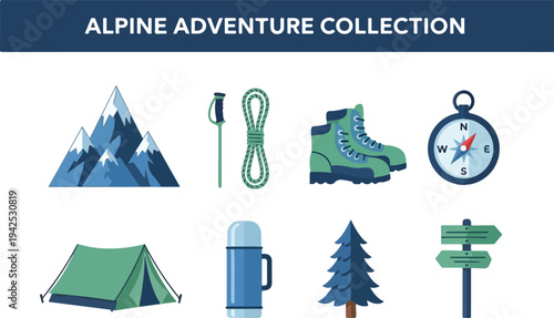 Vector icons of alpine adventure equipment for outdoor activities and mountain exploration