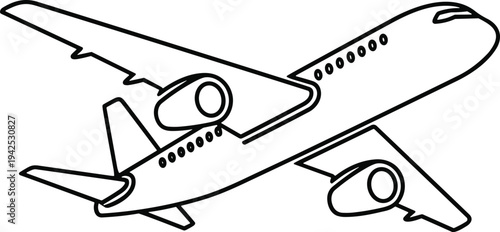 Passenger airplane icon in black outline flat vector style isolated on white background representing air travel aviation transport journey and tourism concept