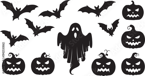 Spooky Halloween Silhouette Vector Set with Flying Bats, Jack-o'-Lantern Pumpkins, and a Ghost Figure for Holiday Design Elements