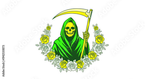 Grim Reaper with Scythe and Yellow Roses Wreath