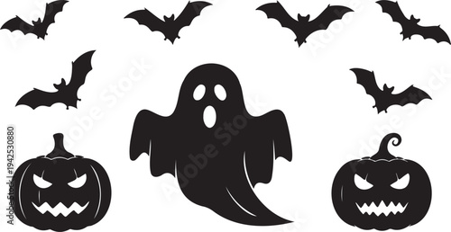 Spooky Halloween black silhouette vector set featuring a scary ghost, two carved jack-o'-lantern pumpkins, and six flying bats, ideal for festive designs and decorations.