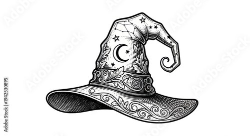 Mystical Wizard Hat with Celestial Symbols and Ornate Patterns