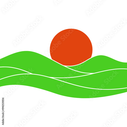 Vibrant Sunrise Over Rolling Green Hills, Minimalist Landscape Art