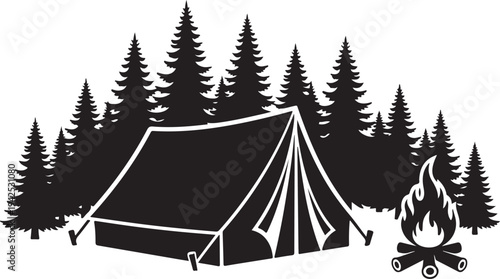 Camping in the woods with a tent and fire