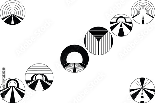 A road icon set in various circular designs and patterns