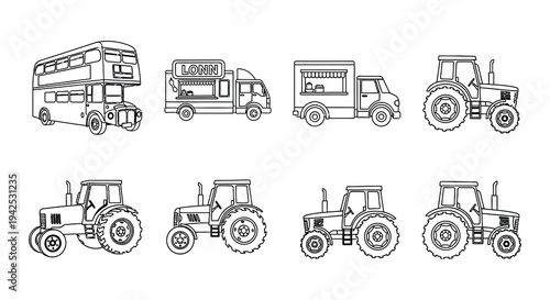 Line drawing illustration of various vehicles including buses trucks and tractors