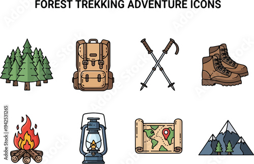 Set of forest trekking adventure icons including trees, backpack, trekking poles, boots, campfire, lantern, map and mountain