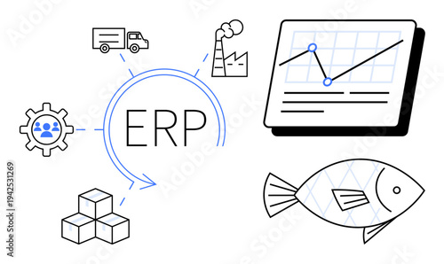 ERP surrounded by factory, truck, cogwheel, data analysis chart, fish, and boxes. Ideal for manufacturing, analytics, supply chain logistics sustainability seafood industry digital