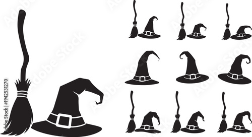 Black Silhouettes of Witches Hats and Brooms on White
