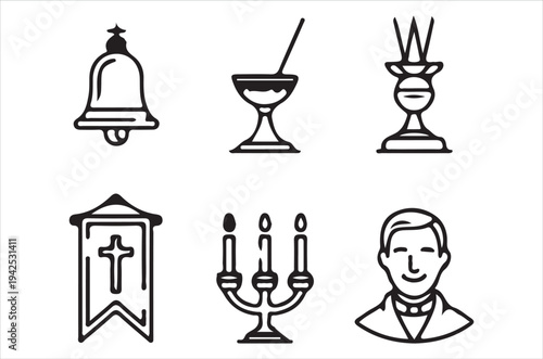 Simple black line icons depicting religious and ceremonial objects
