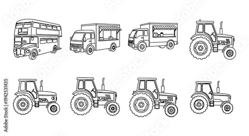 Line drawing illustration of various vehicles including buses trucks and tractors