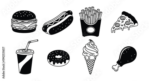 Black and white illustration of various fast food items and desserts
