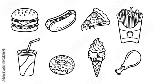 Black and white illustration of various fast food items and desserts