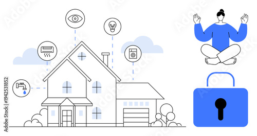 Smart homes, cybersecurity, wellness, technology integration, home monitoring, energy efficiency. A house connected to smart devices, a padlock and meditating figure. Smart homes and cybersecurity