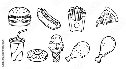 Black and white illustration of various fast food items and desserts