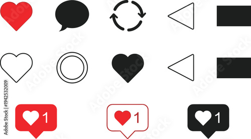 Set of minimalist social media interaction icons including red and black hearts, speech bubbles, circular arrows, and unread like notifications.