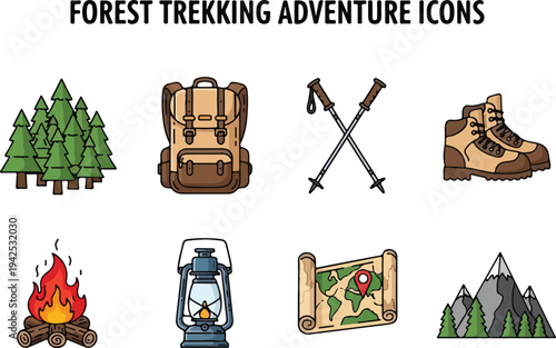 Set of Forest Trekking Adventure Icons Backpack, Tent, Hiking Boots, Map, Fire, Lantern, Mountains, Trees