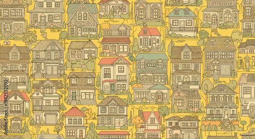 Detailed seamless pattern featuring a variety of vintage suburban houses and trees in muted colors over a warm yellow background illustration.