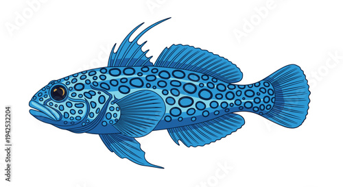 Beautiful illustration of a blue goby fish with dark spots and detailed fins swimming against a plain white background in a vector style.