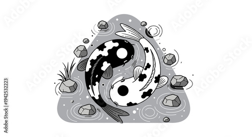 Stylized black and white illustration of two koi fish forming a yin and yang symbol, swimming peacefully in a pond with rocks and subtle ripples.