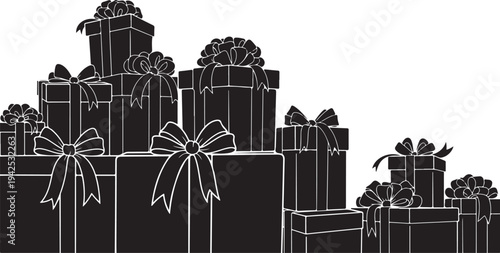Black and white illustration of wrapped gifts and presents