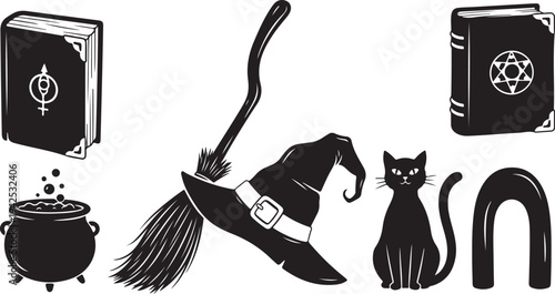 Halloween witchcraft symbols and objects in black and white