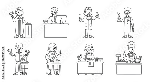 Diverse group of professionals depicted in a simple black and white illustration
