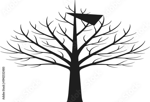 Black silhouette of a wide spreading leafless tree with many branches isolated on white background for nature and winter landscape