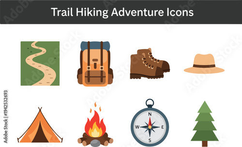 Collection of Outdoor Trail Hiking Adventure Icons for Travel and Recreation